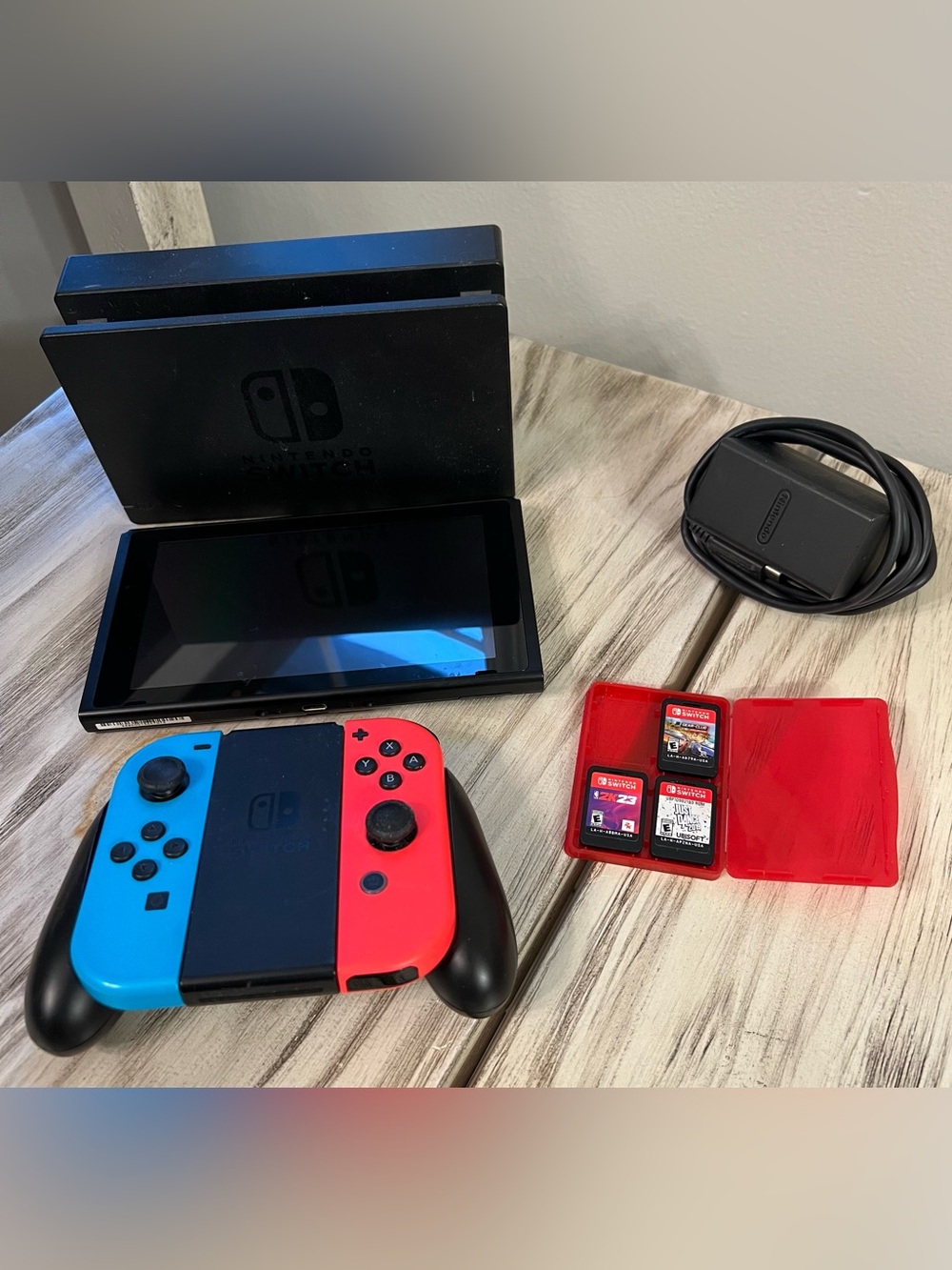 Nintendo Switch Console Bundle w/Dock, Charger, 3 Games & Joy-Con Grip